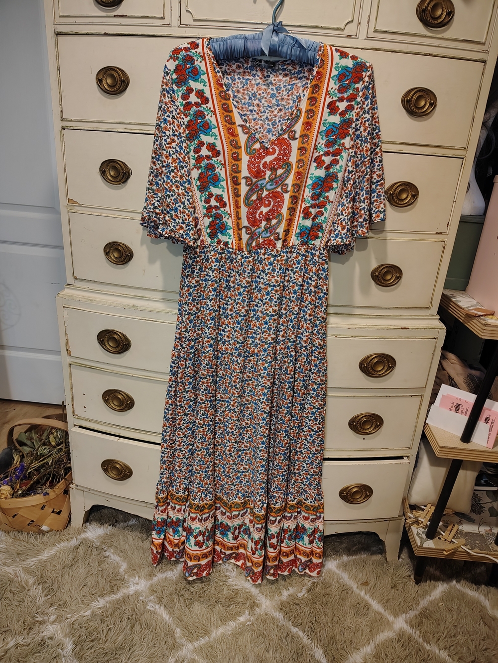 Printed Bohemian V-Neck Maxi Dress in Orange, Red, Blue and Teal - Picture 16 of 16